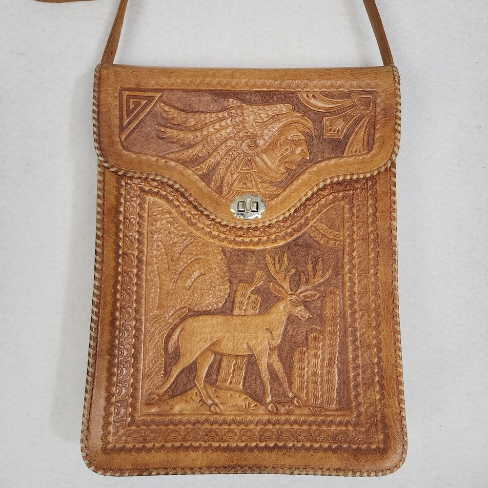 Vintage Hand Tooled Bolivia Shoulder Purse Womens Brown Leather Adjustable Strap